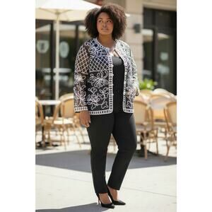 Jeannie Black & White Sheer Embroidered Jacket 2XL Polyester Statement Cardigan